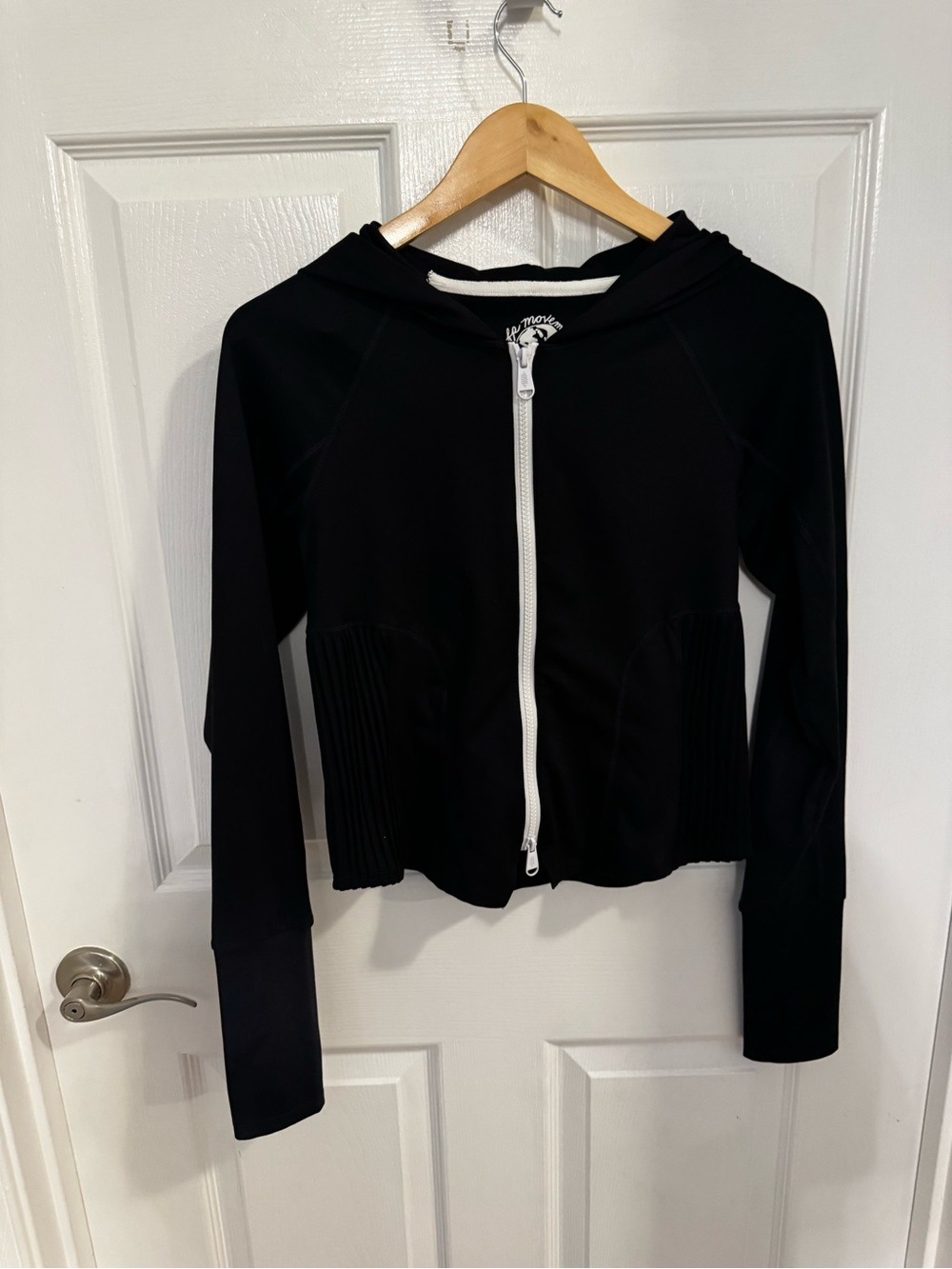 FP Movement by Free People Black Hooded Zip-Up Jacket with White Zipper